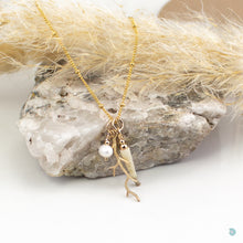 Load image into Gallery viewer, Natural Tusk Shell Pendant with Small Fresh Water Pearl and Gold Vermeil Coral Charm on a 14k Gold Filled Satellite Chain, 16 inches in length with a 2 inch extension chain. This piece comes presented in an eco friendly branded gift box for safe keeping. Designed and Handmade in Dingle