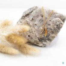 Load image into Gallery viewer, Natural Tusk Shell Pendant with Small Fresh Water Pearl and Gold Vermeil Coral Charm on a 14k Gold Filled Satellite Chain, 16 inches in length with a 2 inch extension chain. This piece comes presented in an eco friendly branded gift box for safe keeping. Designed and Handmade in Dingle