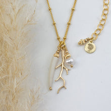 Load image into Gallery viewer, Natural Tusk Shell Pendant with Small Fresh Water Pearl and Gold Vermeil Coral Charm on a 14k Gold Filled Satellite Chain, 16 inches in length with a 2 inch extension chain. This piece comes presented in an eco friendly branded gift box for safe keeping. Designed and Handmade in Dingle