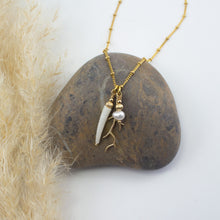 Load image into Gallery viewer, Natural Tusk Shell Pendant with Small Fresh Water Pearl and Gold Vermeil Coral Charm on a 14k Gold Filled Satellite Chain, 16 inches in length with a 2 inch extension chain. This piece comes presented in an eco friendly branded gift box for safe keeping. Designed and Handmade in Dingle