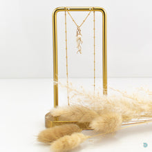 Load image into Gallery viewer, Natural Tusk Shell Pendant with Small Fresh Water Pearl and Gold Vermeil Coral Charm on a 14k Gold Filled Satellite Chain, 16 inches in length with a 2 inch extension chain. This piece comes presented in an eco friendly branded gift box for safe keeping. Designed and Handmade in Dingle