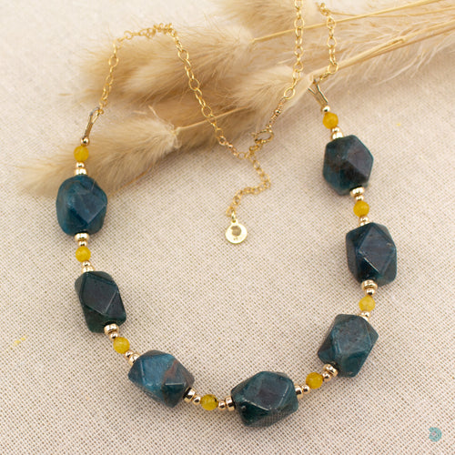 Chunky Apatite stone necklace with yellow agate and 14k gold filled bead detail.  This necklace is 18 inches in length with a 2 inch extension for adjustment.  It comes in a pretty gift box for safe keeping or making it perfect for gift giving  Designed and Handmade in Dingle