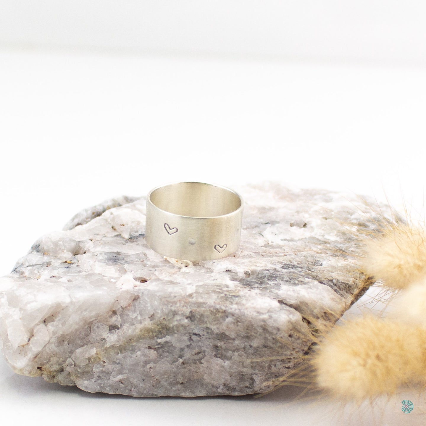 Wide Band Hearts Silver Ring