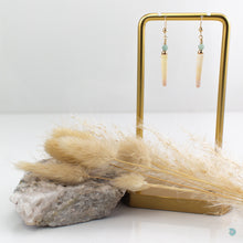 Load image into Gallery viewer, Natural tusk shell small drop earrings with amazonite stones and 14k gold filled detail.  These earrings are 3cm in drop length from the base of the ear wires and come with backs included.  They are presented in a pretty gift box for safe keeping or making them perfect for gift giving.  Designed and Handmade in Dingle
