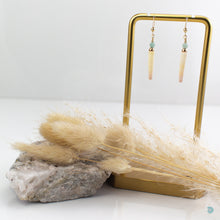 Load image into Gallery viewer, Natural tusk shell small drop earrings with amazonite stones and 14k gold filled detail. These earrings are 3cm in drop length from the base of the ear wires and come with backs included. They are presented in a pretty gift box for safe keeping or making them perfect for gift giving. Designed and Handmade in Dingle
