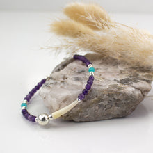 Load image into Gallery viewer, Natural tusk shell bracelet with faceted purple amethyst &amp; pale green amazonite stones with sterling silver.  This bracelet is made using local tusk shells from my local beaches and combined with semi precious stones to create a unique piece of Irish jewellery.  It is 8 inches in length and comes presented in a pretty eco friendly gift box for safe keeping.  Designed and Handmade in Dingle
