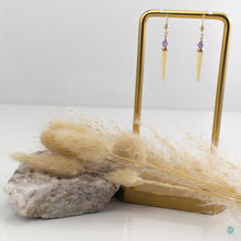 Load image into Gallery viewer, Natural tusk shell drop earrings.  Simple and elegant earrings with a unique style, faceted light amethyst stones and 14k gold filled bead detail.  These earrings come with backs included and are 3 cm in drop length from the base of the ear wires.  They are presented in a branded gift box for safe keeping.  Designed and Handmade in Dingle

