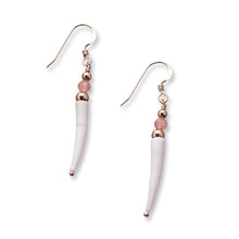 Load image into Gallery viewer, Simple natural Irish tusk shell drop earrings in a soft off white colour with small 3.5mm faceted soft pink rhodochrosite stones and 14k gold filled beads.  These earrings are approximately 3.5cm in size and come with backs included. They are lightweight and easy to wear.  They come beautifully presented in an eco friendly branded gift box for safe keeping.  Designed and Handmade in Dingle. Due to the nature of the materials used, each pair is unique and will differ slightly from the image shown
