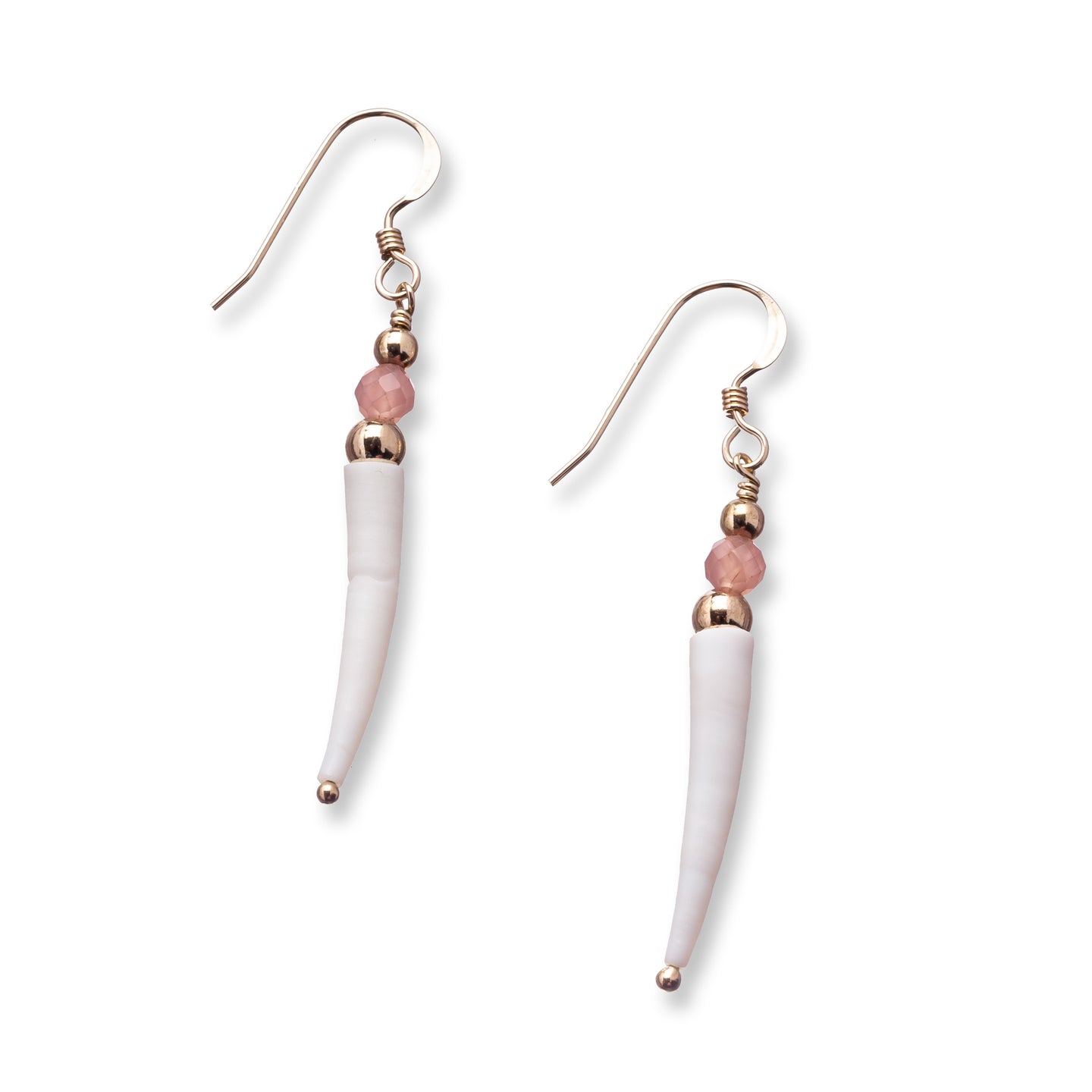 Simple natural Irish tusk shell drop earrings in a soft off white colour with small 3.5mm faceted soft pink rhodochrosite stones and 14k gold filled beads.  These earrings are approximately 3.5cm in size and come with backs included. They are lightweight and easy to wear.  They come beautifully presented in an eco friendly branded gift box for safe keeping.  Designed and Handmade in Dingle. Due to the nature of the materials used, each pair is unique and will differ slightly from the image shown