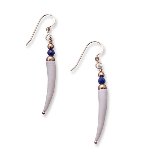 Simple natural Irish tusk shell drop earrings in a soft off white colour with small 3.5mm faceted lapis jade stones and 14k gold filled beads.  These earrings are approximately 3.5cm in size and come with backs included. They are lightweight and easy to wear.  They come beautifully presented in an eco friendly branded gift box for safe keeping.  Designed and Handmade in Dingle. Due to the nature of the materials used, each pair is unique and will differ slightly from the image shown