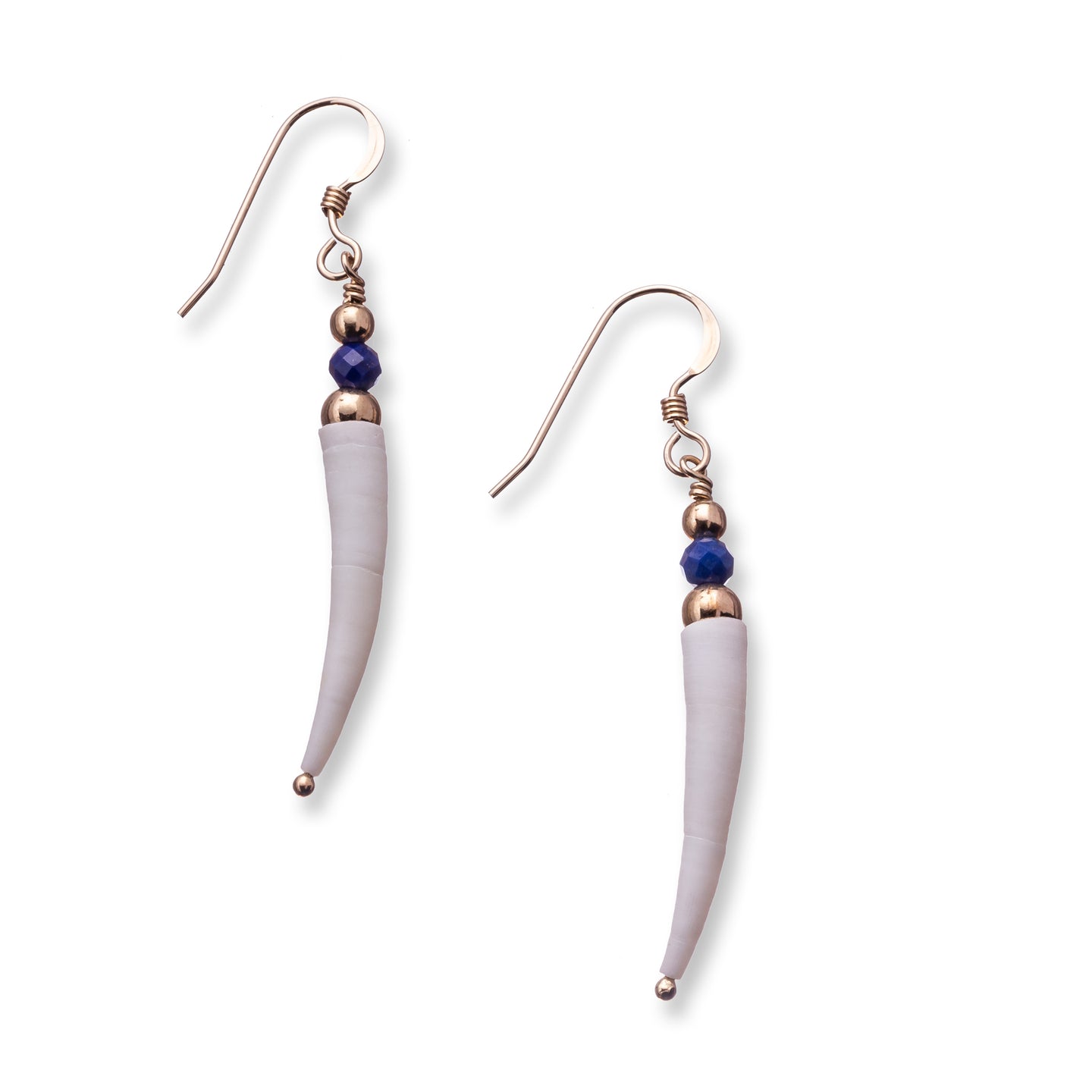 Simple natural Irish tusk shell drop earrings in a soft off white colour with small 3.5mm faceted lapis jade stones and 14k gold filled beads.  These earrings are approximately 3.5cm in size and come with backs included. They are lightweight and easy to wear.  They come beautifully presented in an eco friendly branded gift box for safe keeping.  Designed and Handmade in Dingle. Due to the nature of the materials used, each pair is unique and will differ slightly from the image shown