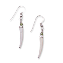 Load image into Gallery viewer, Simple natural Irish tusk shell drop earrings in a soft off white colour with small 3mm faceted peridot stones and sterling silver beads.  These earrings are approximately 3.5cm in size and come with backs included. They are lightweight and easy to wear.  They come beautifully presented in an eco friendly branded gift box for safe keeping.  Designed and Handmade in Dingle. Due to the nature of the materials used, each pair is unique and will differ slightly from the image shown
