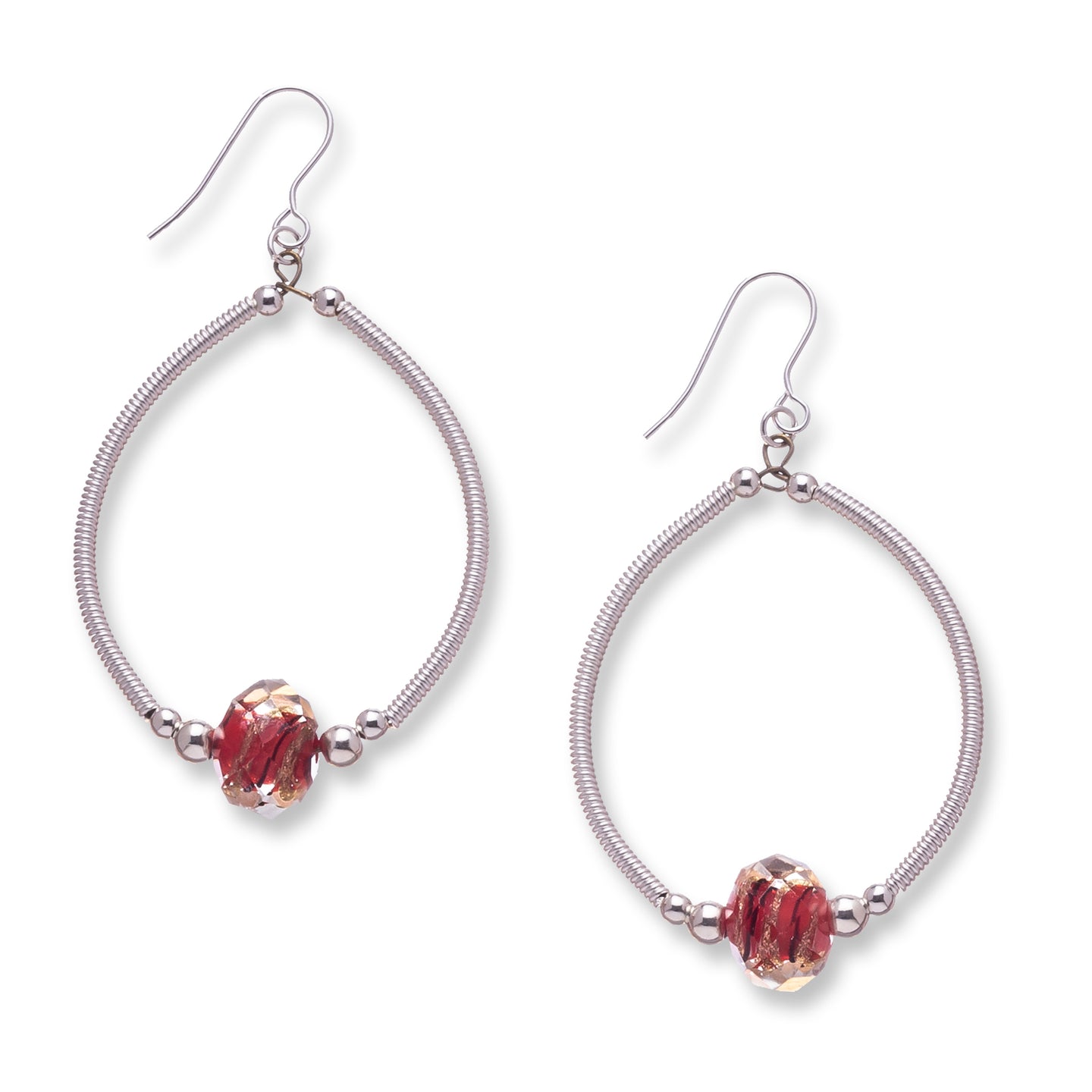Large statement hoops made from hand wrapped silver filled tubes, sterling silver beads and feature a beautiful lampwork glass centre bead in red and gold colour mix.  These earrings sit on sterling silver ear wires and come with backs included. The drop length is 5cm and measured from the base of the ear wire.  They come beautfully presented in an eco friendly branded gift box for safe keeping.  Designed & Handmade in Dingle