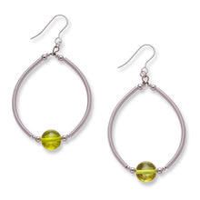 Load image into Gallery viewer, Large hoops made from hand wrapped silver filled tubes, sterling silver beads and feature a gorgeous bright yellow transparent glass bead at the bottom centre of the hoop.  These earrings sit on sterling silver ear wires and and come with backs included. The drop length is 5cm and measured from the base of the ear wire.  They come beautfully presented in an eco friendly branded gift box for safe keeping. Designed &amp; Handmade in Dingle
