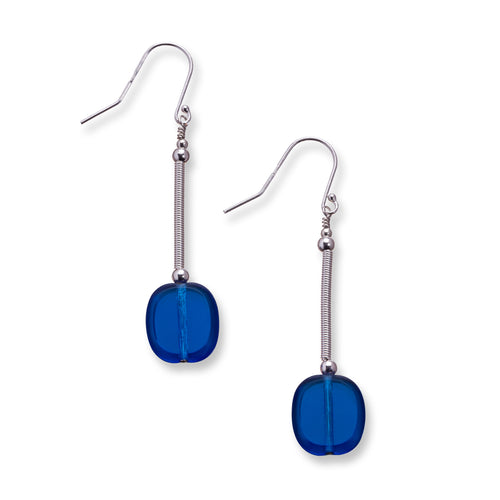 Hand wrapped silver filled statement drop earrings with deep blue czech glass on sterling silver earwires