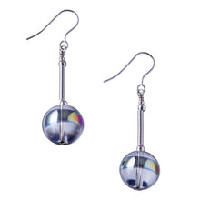 Load image into Gallery viewer, Statement drop earrings made from hand coiled silver filled tubes, sterling silver beads and large round crystal orbs that reflect the light around them. These earrings sit on sterling silver ear wires and come with backs included. The drop length of these earrings is 4cm and measured from the base of the ear wire.  They come beautifully presented in an eco friendly branded gift box for safe keeping.  Designed &amp; Handmade in Dingle
