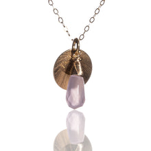 Load image into Gallery viewer, A simple &amp; delicate design, this pendant features a 14k gold vermeil sunburst disc charm with a stunning faceted pink chalcedony quartz teardrop wrapped in a 14k gold filled nest.  The pendant sits on an 18 inch 14k gold filled trace chain.  It comes in an eco friendly branded gift box for safe keeping.  Designed &amp; Handmade in Dingle

