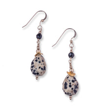Load image into Gallery viewer, 1920&#39;s Fashion inspired earrings.  Dalmation jasper teardrops, black onyx stones with 14k gold vermeil wavy discs on 14k gold filled ear wires. Brown and black colour tones with gold, these earrings are 4cm in drop length from the base of the ear wires and come with backs included.  They come beautifully presented in an eco friendly branded gift box for safe keeping
Designed &amp; Handmade in Dingle
Due to the nature of these stones, pieces may differ slightly from image

