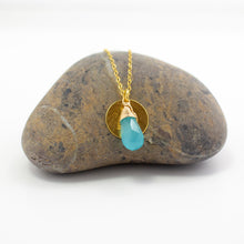 Load image into Gallery viewer, Blue Chalcendony Quartz Gold Vermeil Sunburst Pendant.  Inspired by Sunrises, Sea and Sea Pinks from Bin Ban Beach, Dingle, in the West of Ireland. Made Local
