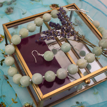 Load image into Gallery viewer, Large Statement Amazonite and Sterling Silver Beaded Necklace. 14mm Large stones separated by small sterling silver beads and finished with a twisted sterling silver T bar clasp to close. This pieces comes beautifully presented in an eco friendly branded gift box for safe keeping. Matching earrings also available.  Designed and Handmade in Dingle, Ireland
