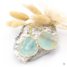 Load image into Gallery viewer, Pretty amazonite large, thin statement drop earrings with small pale crystal glass beads on gold plated stainless steel ear wires.  These earrings are 5.5cm in drop length from the base of the ear wires and come with backs included.  They come beautifully presented in a pretty gift box for safe keeping or making them perfect for git giving  Designed and Made in Dingle
