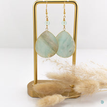 Load image into Gallery viewer, Pretty amazonite large, thin statement teardrop earrings with small 6mm round pale glass beads on gold plated stainless steel ear wires. These earrings are 5.5cm in drop length from the base of the ear wires.
