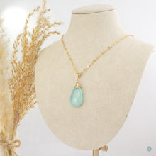Load image into Gallery viewer, Faceted blue chalcedony teardrop pendant on a 14k gold filled chain, 18 inches in length with a 2 inch extension chain for adjustment.  It comes beautifully presented in a pretty gift box for safe keeping.  Designed and Handmade in Dingle
