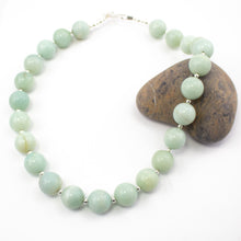 Load image into Gallery viewer, Large Statement Amazonite and Sterling Silver Beaded Necklace. 14mm Large stones separated by small sterling silver beads and finished with a twisted sterling silver T bar clasp to close. This pieces comes beautifully presented in an eco friendly branded gift box for safe keeping. Designed and Handmade in Dingle, Ireland
