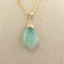 Load image into Gallery viewer, Close up image of chalcedony teardrop, wrapped in 14k gold filled wire
