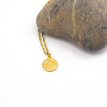 Load image into Gallery viewer,     KellyMarie_Jewellery_Design_Gold_Plate_Sun_Charm_Necklace_Stainless_Steel  1780 × 1780px  Gold plated stainless steel small disc sun charm pendant on a gold plated stainless steel woven style chain. Simple style that works well layered up with other pieces as well as by itself. 16 inches in length with a 2 inch extension chain for adjustment
