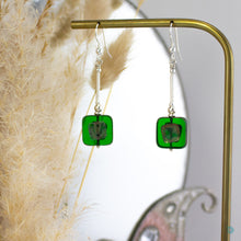 Load image into Gallery viewer, Hand wrapped silver filled drop earrings with pretty Czech glass squares.  These earrings sit on sterling silver ear wires and come with backs included.  They are approximately 4cm in drop length from the base of the ear wires and are presented in a pretty gift pouch for safe keeping.  Designed and handmade in Dingle
