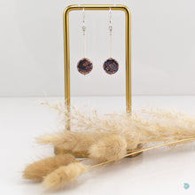 Load image into Gallery viewer, Quirky Czech glass drop earrings with hand wrapped silver filled tubes and sterling silver beads and ear wires. These earrings are approximately 4cm in drop length from the base of the ear wires and come with backs included. They are presented in a velvet gift pouch for safe keeping or making them perfect for gift giving. Designed and Handmade in Dingle
