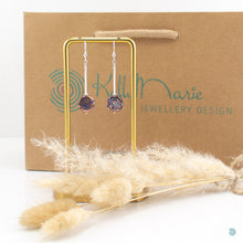 Load image into Gallery viewer, Quirky Czech glass drop earrings with hand wrapped silver filled tubes and sterling silver beads and ear wires. These earrings are approximately 4cm in drop length from the base of the ear wires and come with backs included. They are presented in a velvet gift pouch for safe keeping or making them perfect for gift giving.

