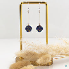 Load image into Gallery viewer, Spotted Czech glass drop earrings with hand wrapped silver filled long tubes and sterling silver beads and ear wires. They are presented in a velvet gift pouch for safe keeping or making them perfect for gift giving. Designed and Handmade in Dingle
