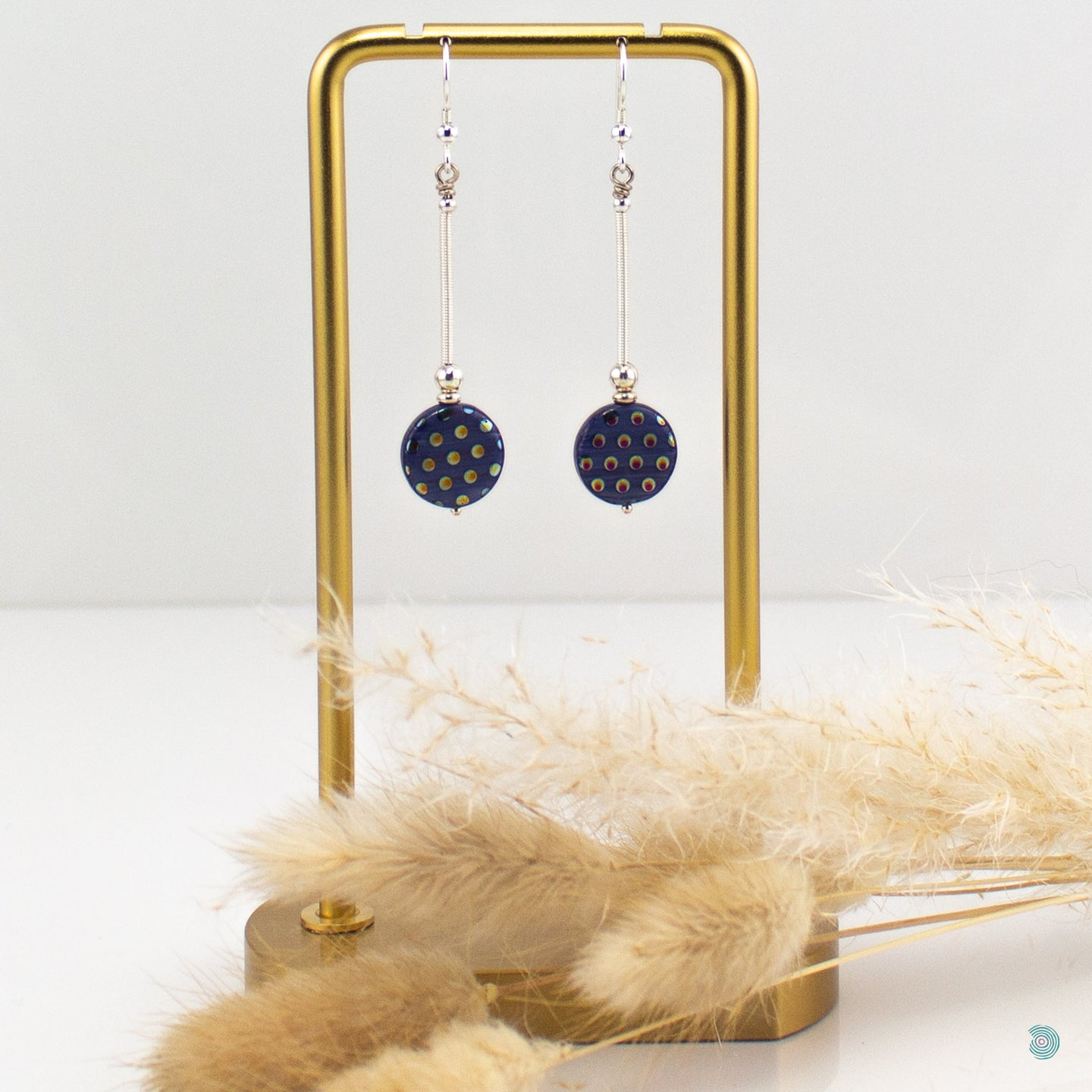 Spotted Czech glass drop earrings with hand wrapped silver filled long tubes and sterling silver beads and ear wires. They are presented in a velvet gift pouch for safe keeping or making them perfect for gift giving. Designed and Handmade in Dingle