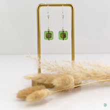 Load image into Gallery viewer, Hand wrapped silver filled drop earrings with pretty Czech glass squares. These earrings sit on sterling silver ear wires and come with backs included. They are approximately 4cm in drop length from the base of the ear wires and are presented in a pretty gift pouch for safe keeping. Designed and handmade in Dingle
