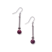 Load image into Gallery viewer, Silver filled drops with deep red spotted glass beads, sterling silver beads and stainless steel flat beads. These earrings sit on sterling silver ear wires and come with backs included. The drop length of these earrings is 4cm and measured from the base of the ear wire. They come in beautifully presented in an eco friendly branded gift box for safe keeping. Designed &amp; Handmade in Dingle
