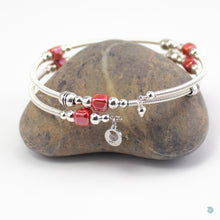 Load image into Gallery viewer, Hand wrapped silver filled wrap around bracelet, red ceramic cubes and silver bead detail. Approximate diameter is 6cm and is flexible to fit most wrist sizes. This bracelet has no clasp is simply wraps around the wrist and sits in place. Designed and Handmade in Dingle, Ireland. KellyMarie Jewellery Design
