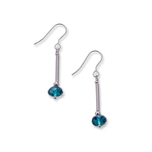 Load image into Gallery viewer, Crystal drops made from hand coiled silver filled tubes, sterling silver beads and faceted crystals in a choice of three colours, rich red, deep teal blue and soft llight pink.These earrings sit on sterling silver ear wires and come with backs included. The drop length 3cm and is measured from the base of the ear wire. They are lightweight and come beautifully presented in an eco friendly branded gift box for safe keeping. Designed &amp; Handmade in Dingle

