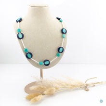 Load image into Gallery viewer, Hand wrapped silver filled tubes with beautiful blue and turquoise in round and rectangular Czech glass beads. It has small sterling silver bead detail. This necklace is 18 inches in length with a 2 inch extension chain for adjustment. It comes beautifully presented in a branded gift box for safe keeping or making it perfect for gift giving
