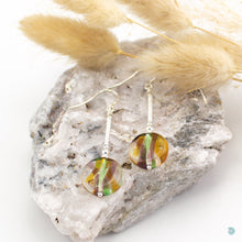 Load image into Gallery viewer, Colourful summer drop earrings, with hand wrapped silver filled tubes, sterling silver bead and ear wire detail with beautiful lamp work glass beads.  These earrings are 3.5cm in drop length from the base of the ear wires and come with backs included.
