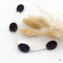 Load image into Gallery viewer, Hand wrapped silver filled tubes with beautiful purple chunky Czech glass beads and sterling silver small bead detail. This necklace is 29 inches in length and sits on a sterling silver chain with a 2 inch extension chain for adjustment. It comes beautifully presented in a branded gift box for safe keeping or making it perfect for gift giving
